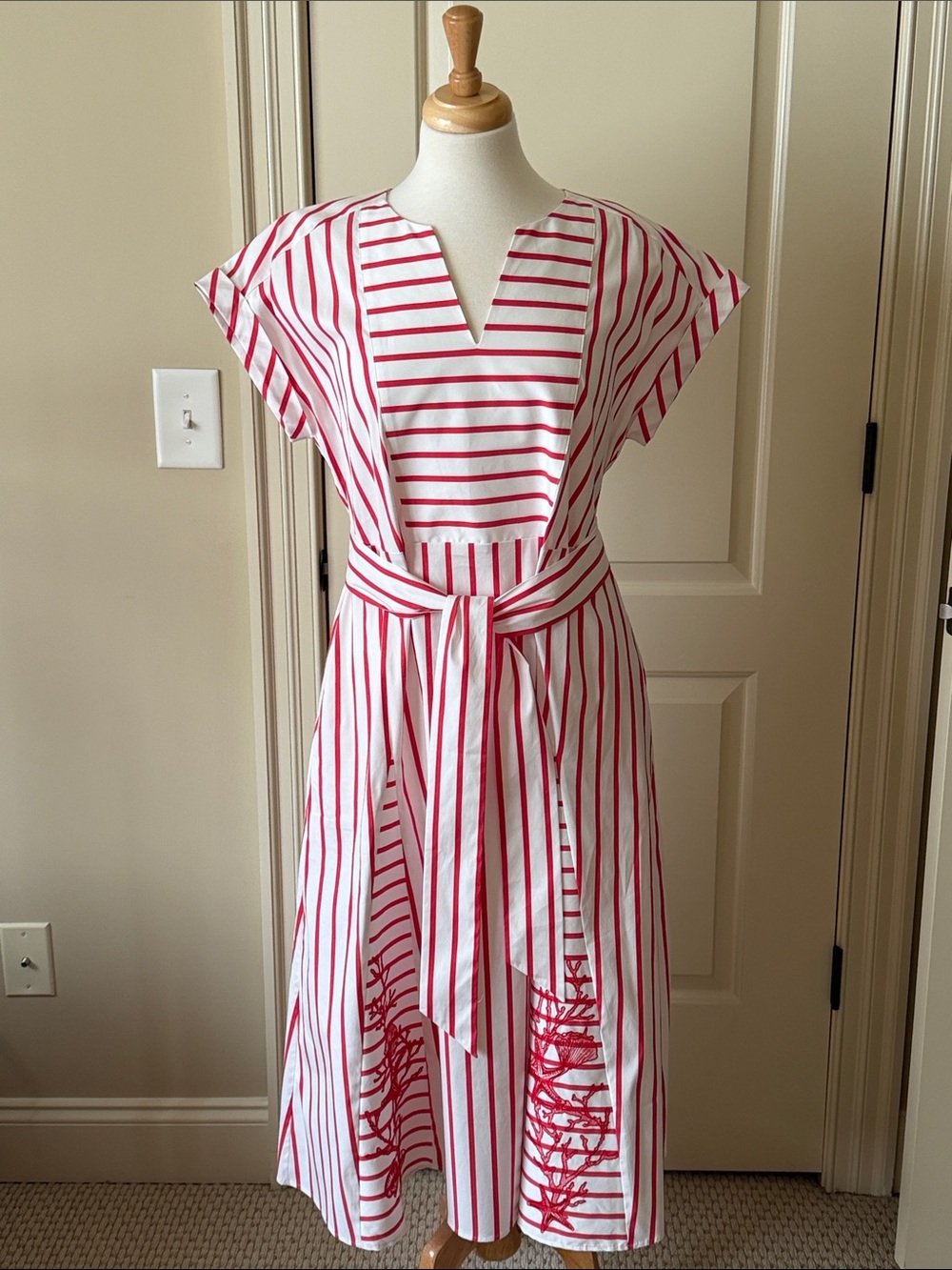 Chico's White and Red Striped Midi Dress with Tie Waist